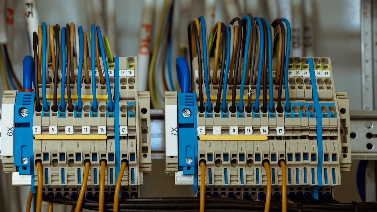 Neatly wired circuit breakers in a distribution board